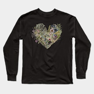 Floral Garden Botanical Print with wild flowers Heart Valentines Long Sleeve T-Shirt